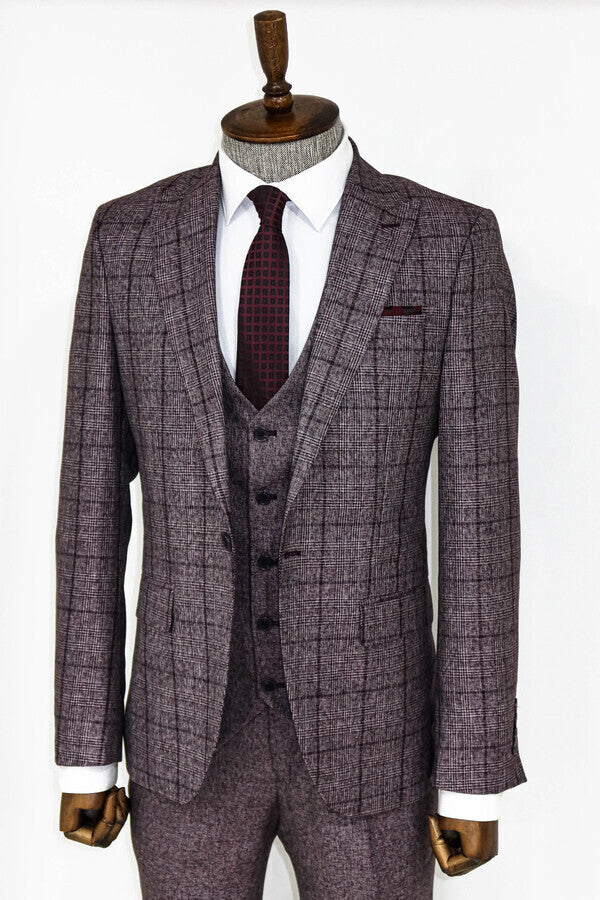 Slim Fit Checked Burgundy Men Suit - Wessi