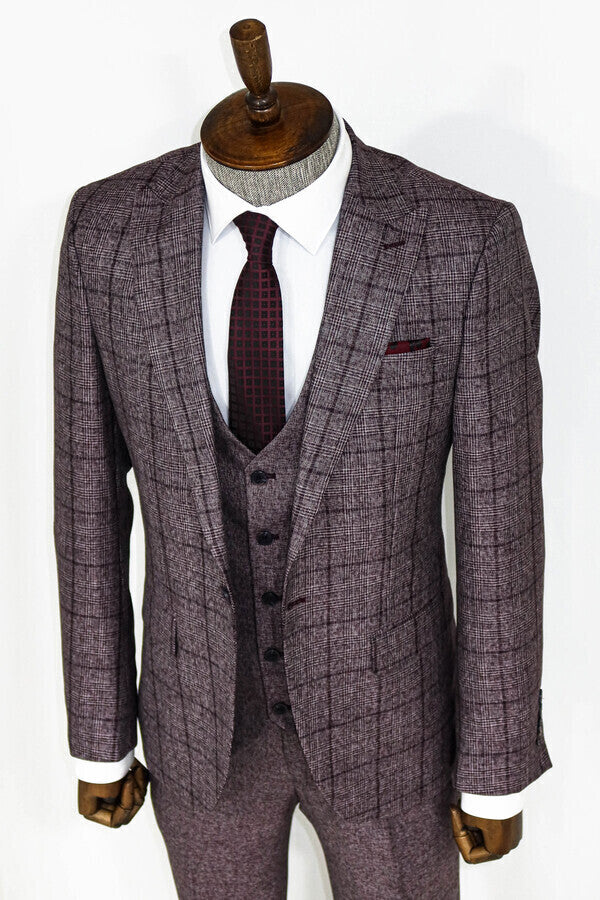 Slim Fit Checked Burgundy Men Suit - Wessi