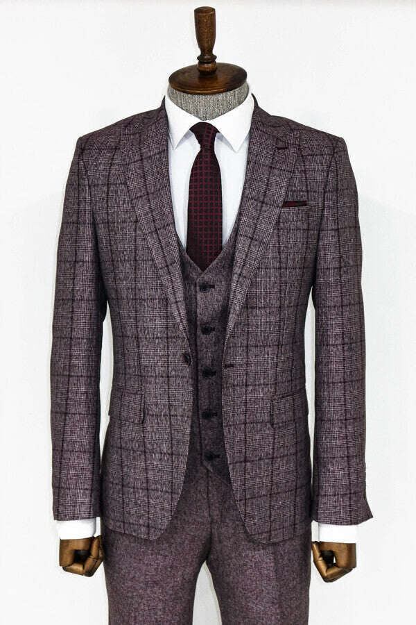 Slim Fit Checked Burgundy Men Suit - Wessi