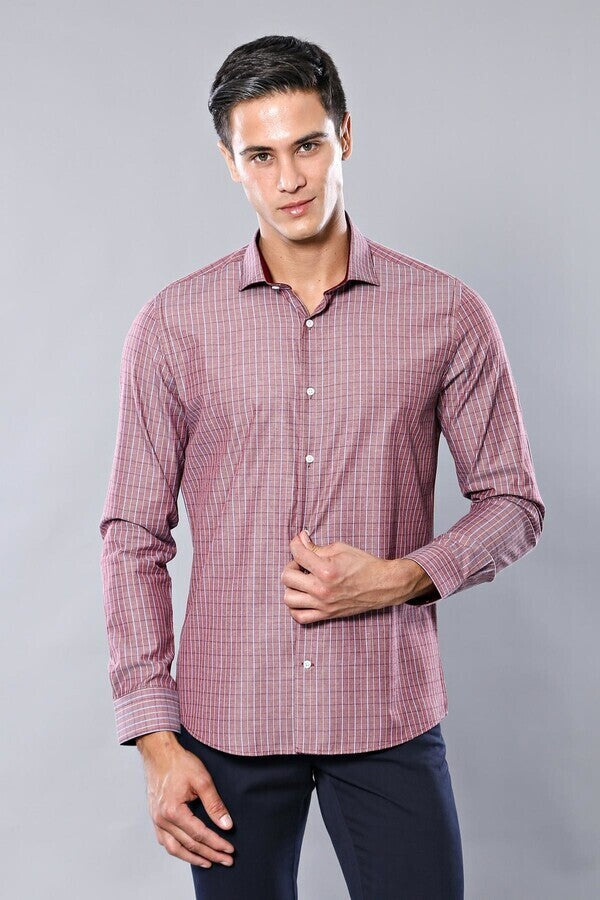 Slim-Fit Burgundy Plaid Shirt | Wessi