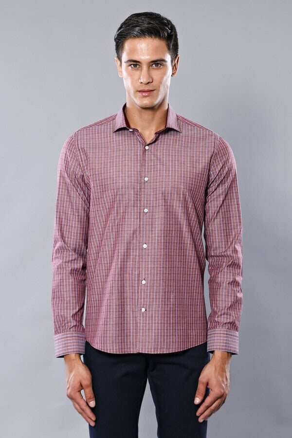 Slim-Fit Burgundy Plaid Shirt | Wessi