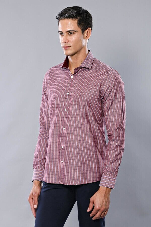 Slim-Fit Burgundy Plaid Shirt | Wessi