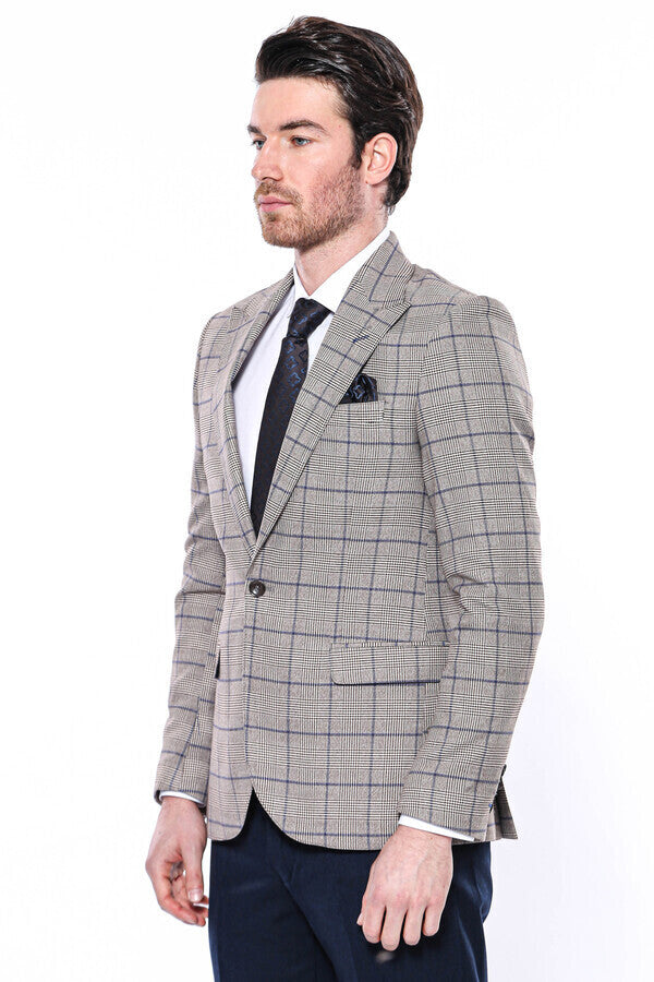 Blazer de cuadros beige ajustado para hombre - Wessi