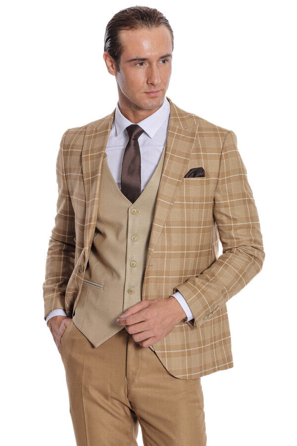 Slim Fit Checked Beige Men Suit - Wessi