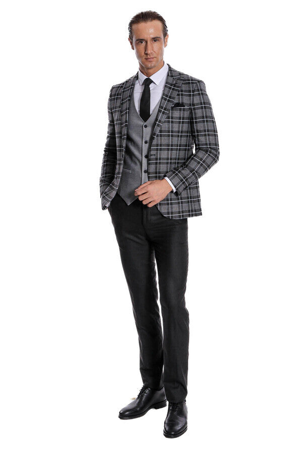 Slim Fit Checked Black Men Suit - Wessi