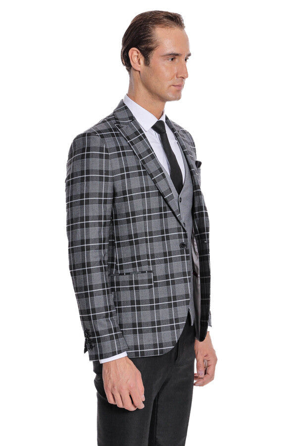 Slim Fit Checked Black Men Suit - Wessi