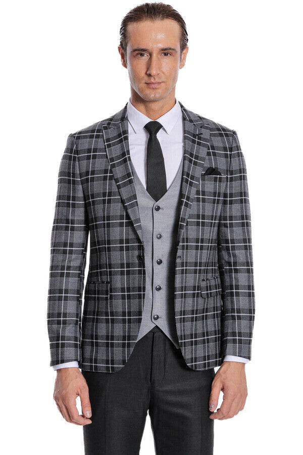 Slim Fit Checked Black Men Suit - Wessi