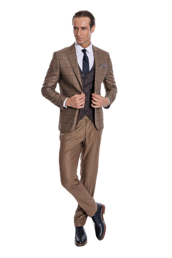 Slim Fit Checked Brown Men Suit - Wessi