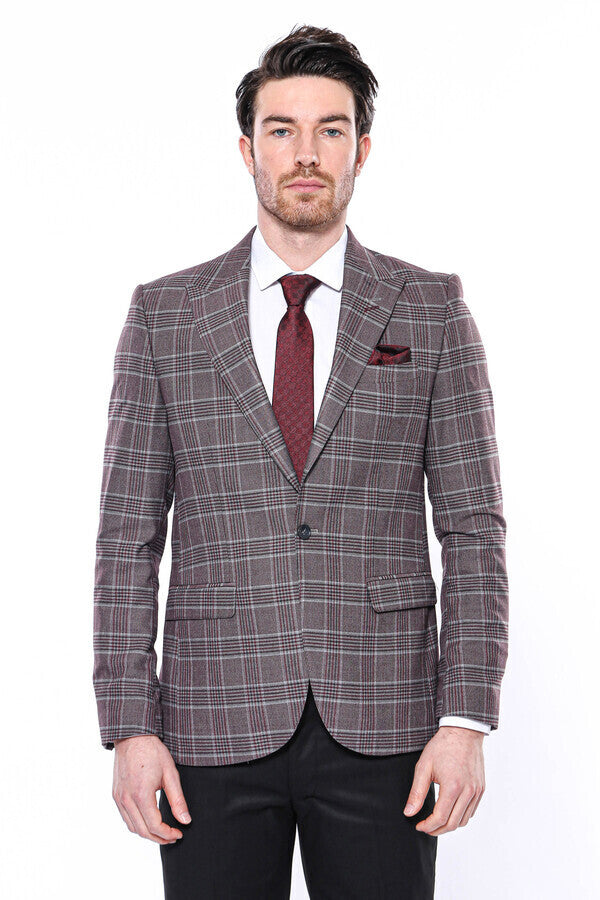 Blazer de cuadros burdeos de corte entallado para hombre - Wessi