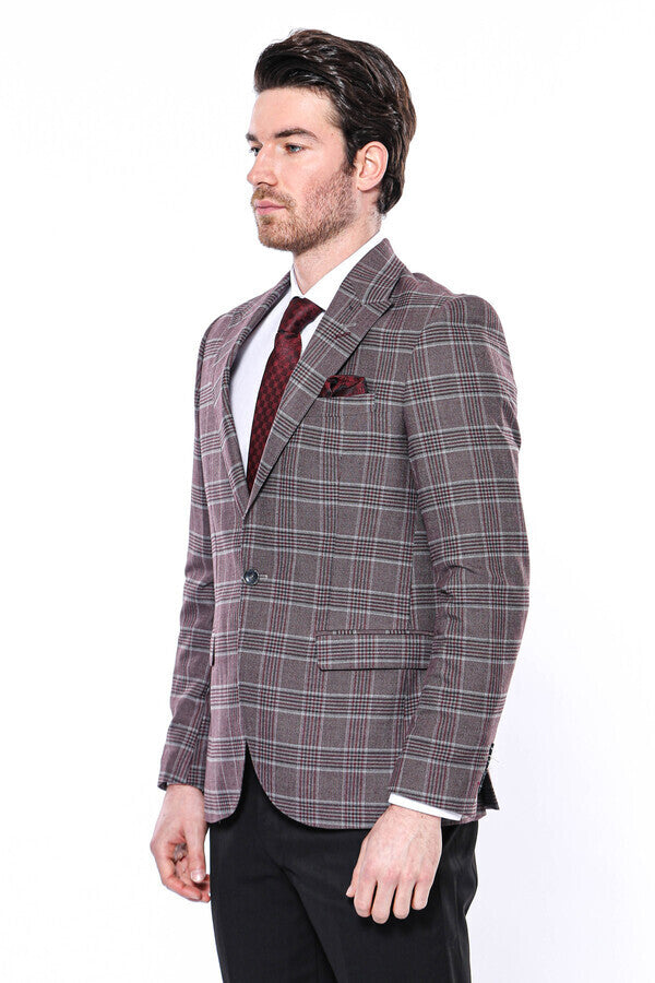 Slim-Fit Checked Burgundy Men Blazer - Wessi