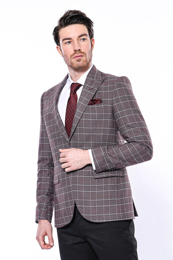 Slim-Fit Checked Burgundy Men Blazer - Wessi