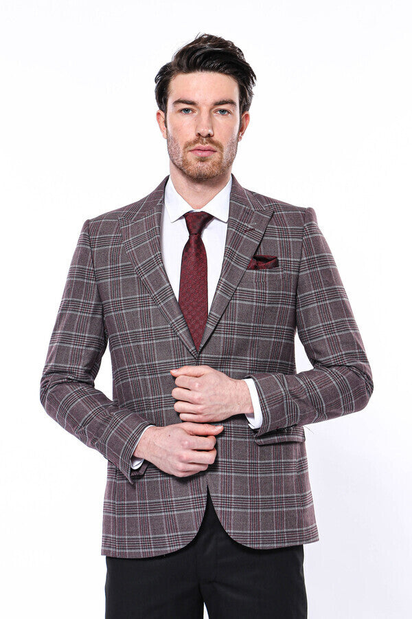 Slim-Fit Checked Burgundy Men Blazer - Wessi