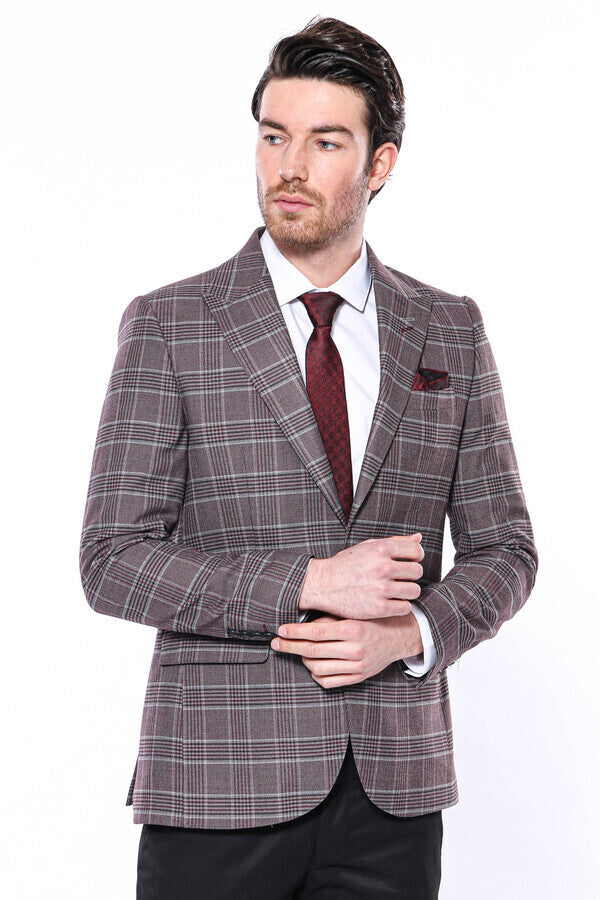 Blazer de cuadros burdeos de corte entallado para hombre - Wessi