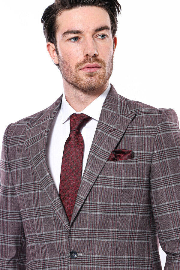 Slim-Fit Checked Burgundy Men Blazer - Wessi