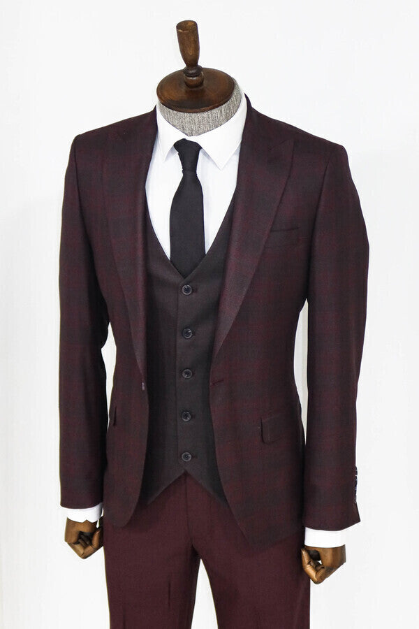 Slim Fit Checked Burgundy Men Suit - Wessi