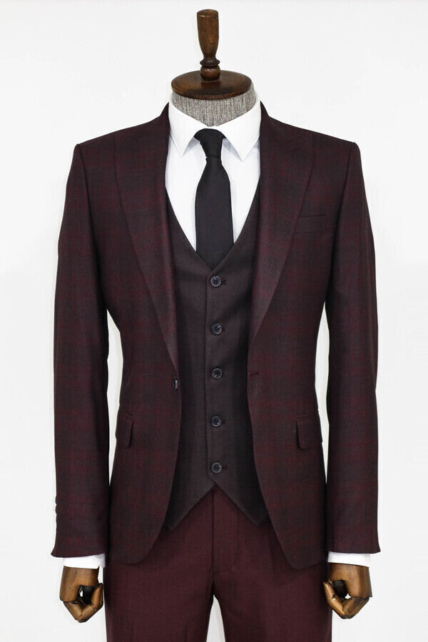 Slim Fit Checked Burgundy Men Suit - Wessi