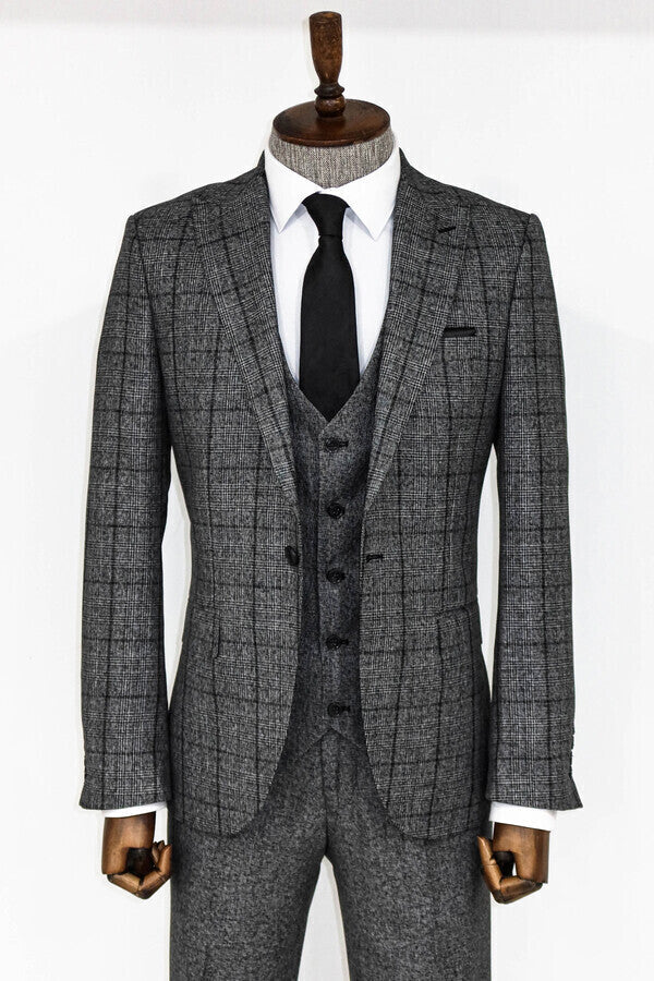 Slim Fit Checked Dark Grey Men Suit - Wessi