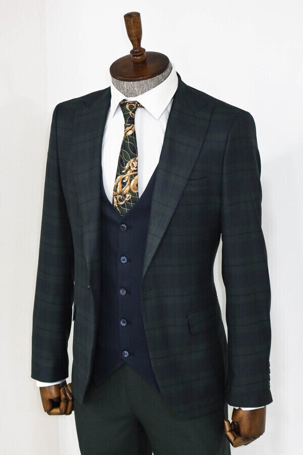 Slim Fit Checked Green Men Suit - Wessi