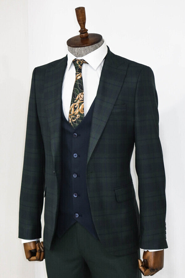 Slim Fit Checked Green Men Suit - Wessi