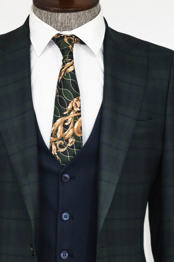 Slim Fit Checked Green Men Suit - Wessi