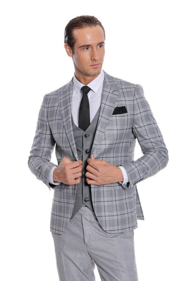 Traje de cuadros gris ajustado para hombre - Wessi