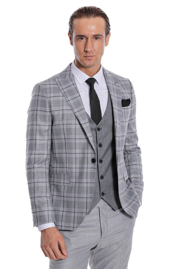 Slim Fit Checked Grey Men Suit - Wessi