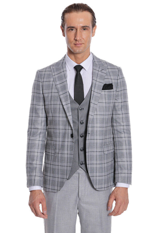 Traje de cuadros gris ajustado para hombre - Wessi