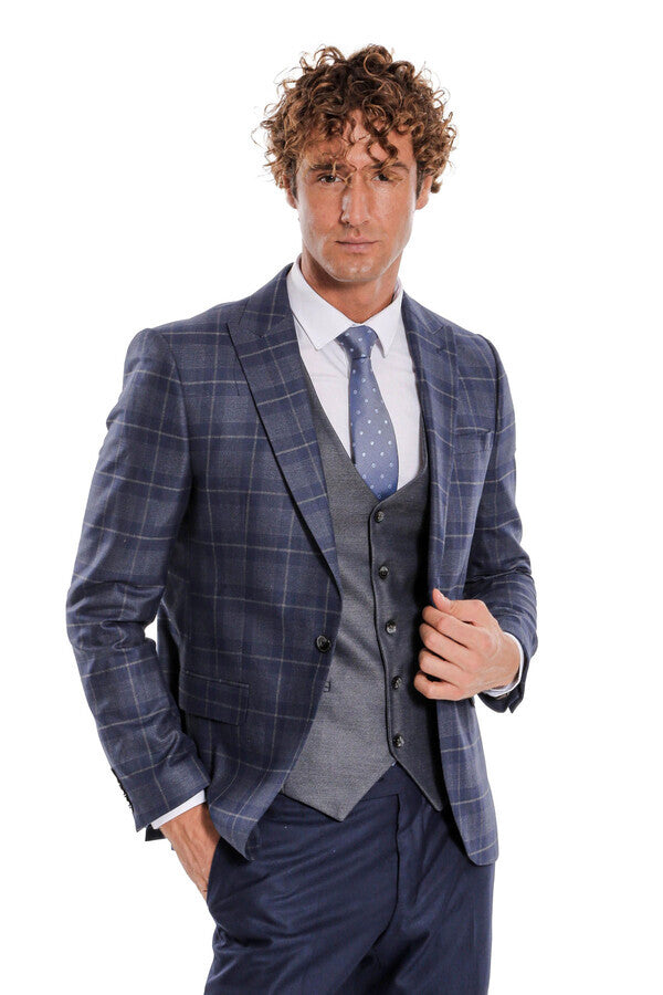 Slim Fit Checked Navy Blue Men Suit - Wessi