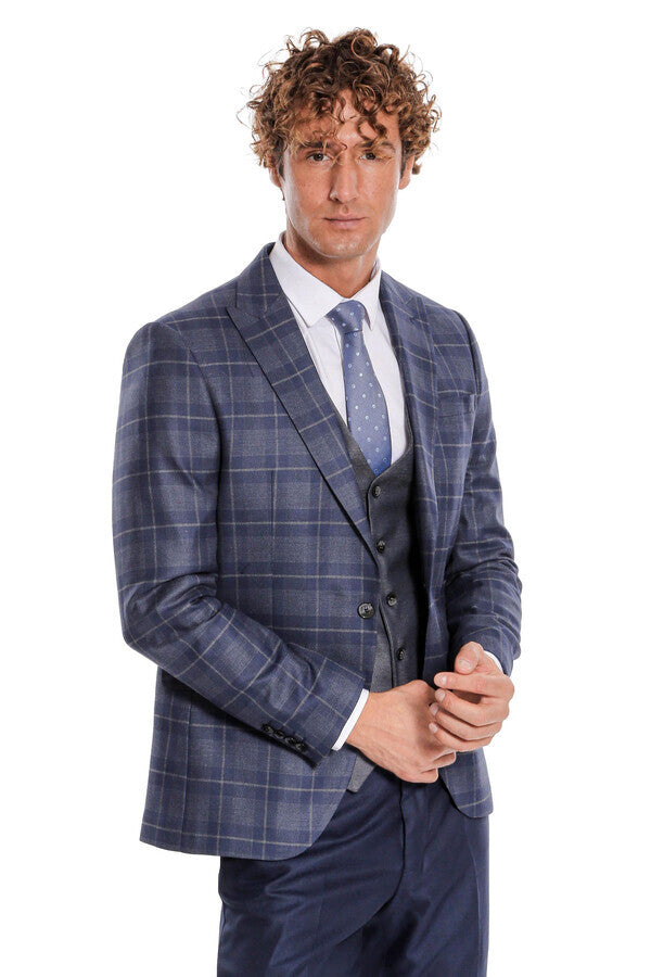 Slim Fit Checked Navy Blue Men Suit - Wessi