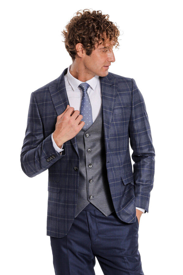 Slim Fit Checked Navy Blue Men Suit - Wessi