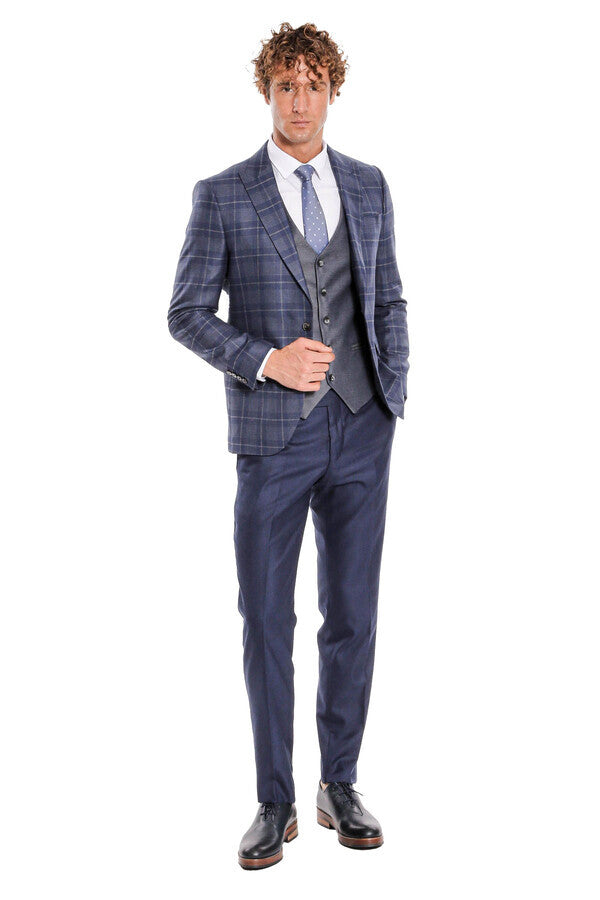 Slim Fit Checked Navy Blue Men Suit - Wessi