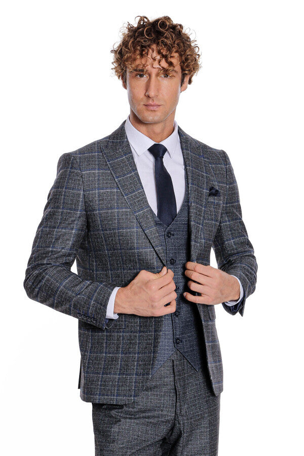 Slim Fit Checked Patterned Black Men Suit - Wessi