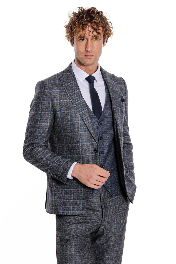 Slim Fit Checked Patterned Black Men Suit - Wessi