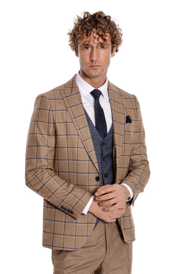 Slim Fit Checked Patterned Brown Men Suit - Wessi