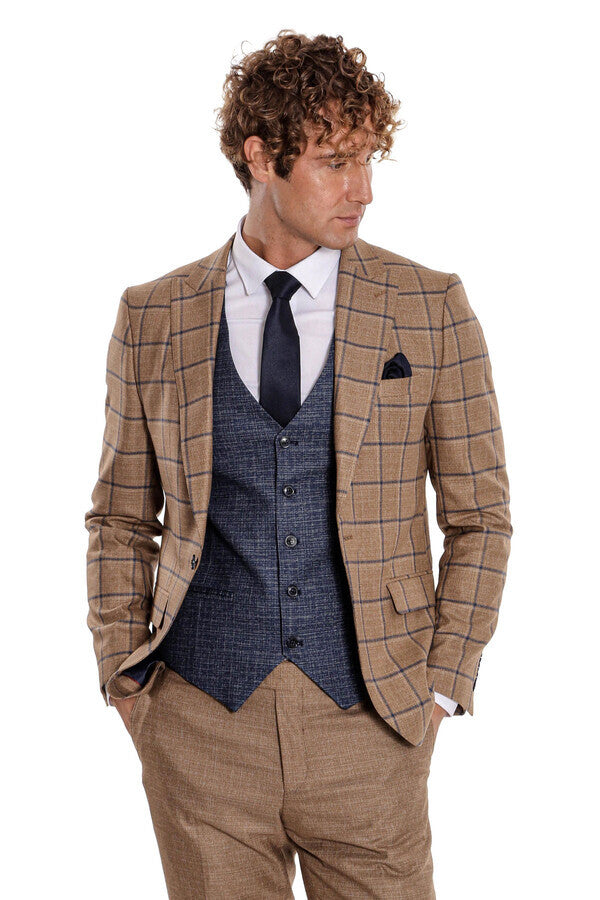 Slim Fit Checked Patterned Brown Men Suit - Wessi