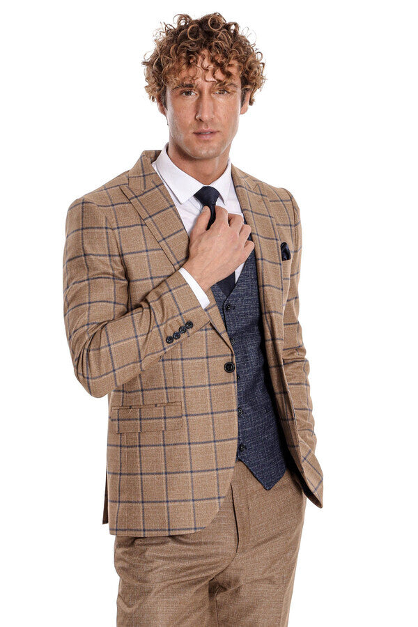 Slim Fit Checked Patterned Brown Men Suit - Wessi