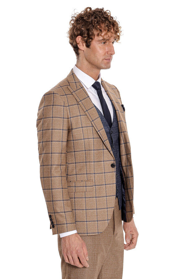 Slim Fit Checked Patterned Brown Men Suit - Wessi