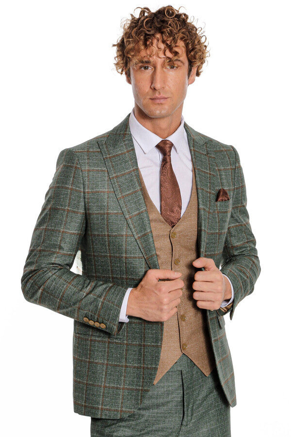 Traje de hombre verde con estampado de cuadros y corte entallado - Wessi