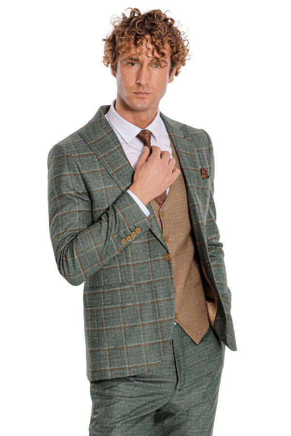 Slim Fit Checked Patterned Green Men Suit - Wessi