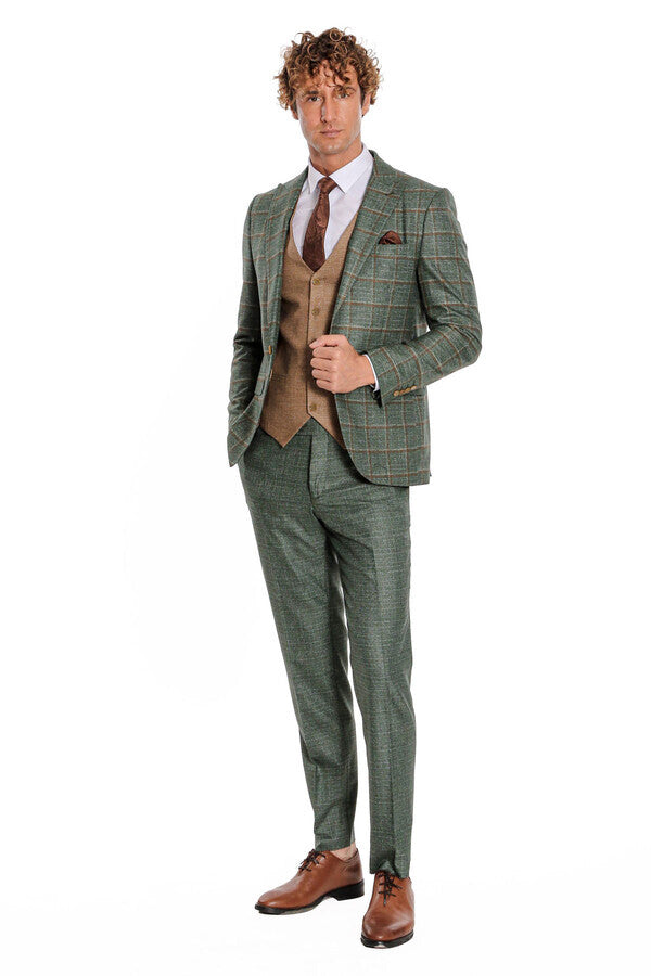 Slim Fit Checked Patterned Green Men Suit - Wessi