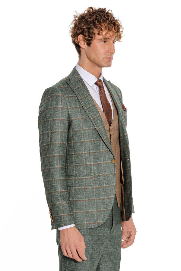 Slim Fit Checked Patterned Green Men Suit - Wessi