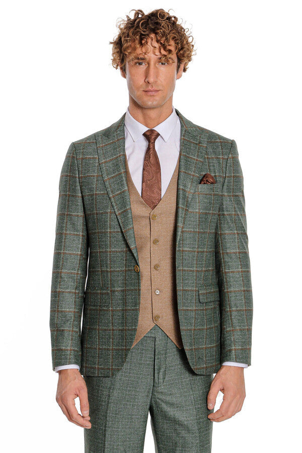 Slim Fit Checked Patterned Green Men Suit - Wessi