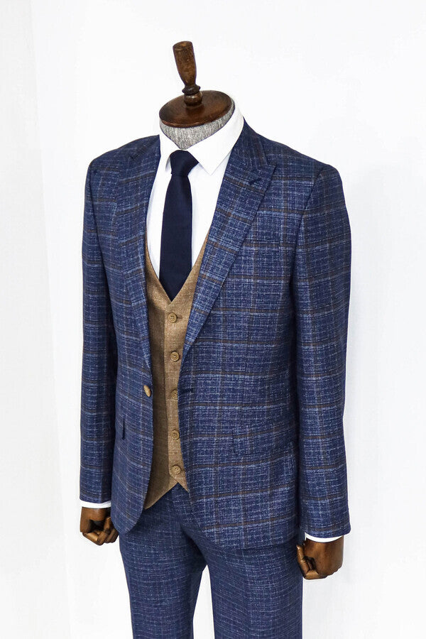 Slim Fit Checked Patterned Navy Blue Men Suit - Wessi