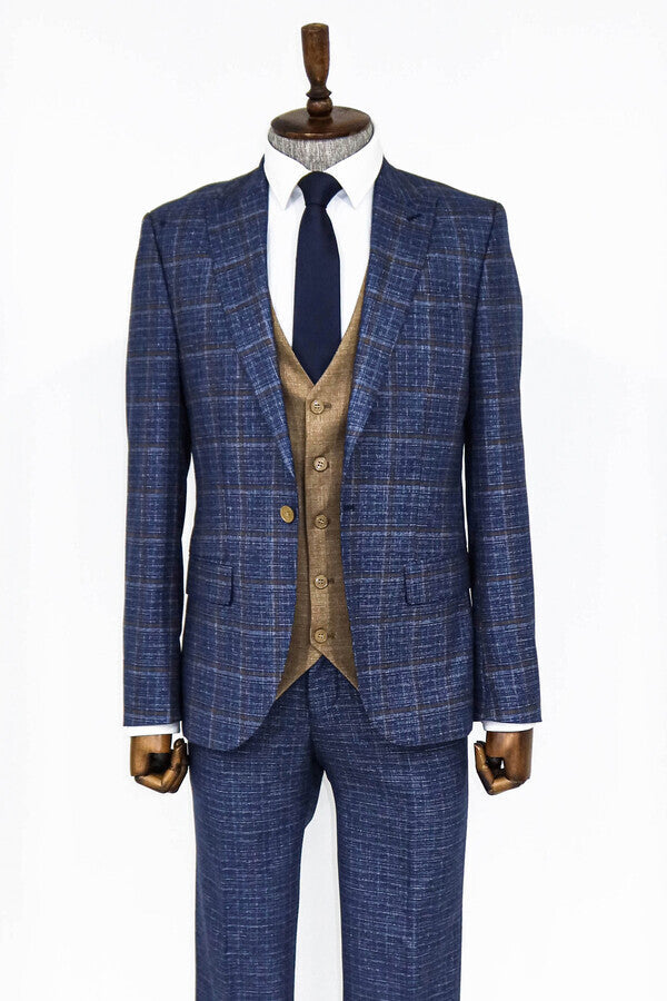 Slim Fit Checked Patterned Navy Blue Men Suit - Wessi