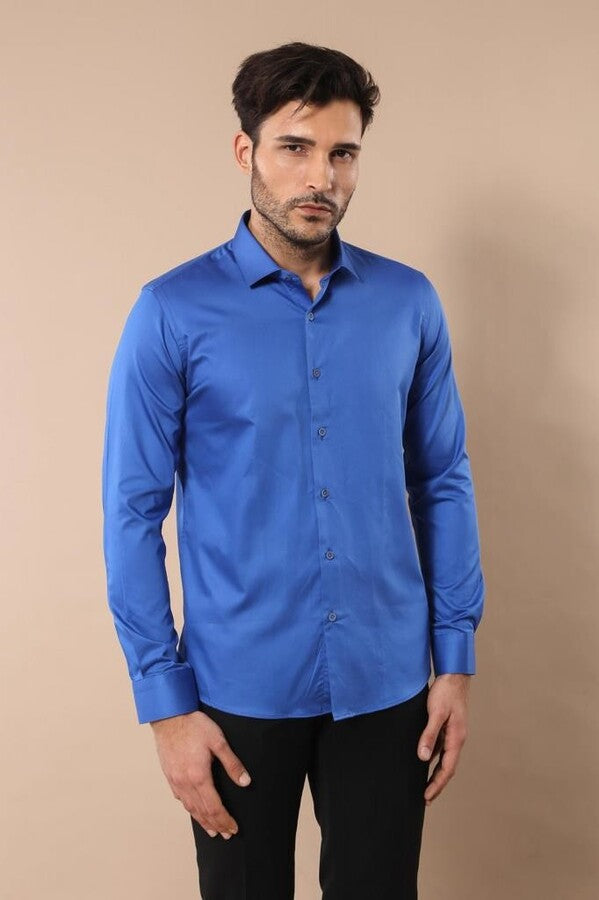 Cotton Satin Slim Fit Blue Men Shirt - Wessi