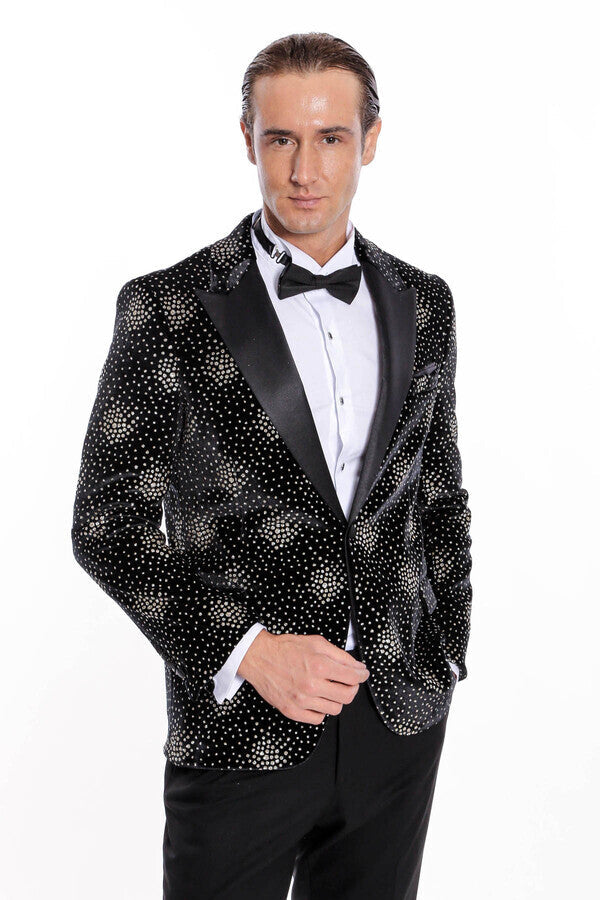 Blazer de fiesta ajustado con estampado de lunares en color negro para hombre - Wessi