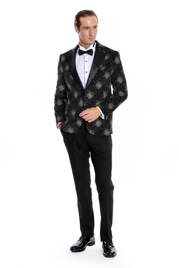 Slim Fit Dot Patterned Black Men Prom Blazer - Wessi