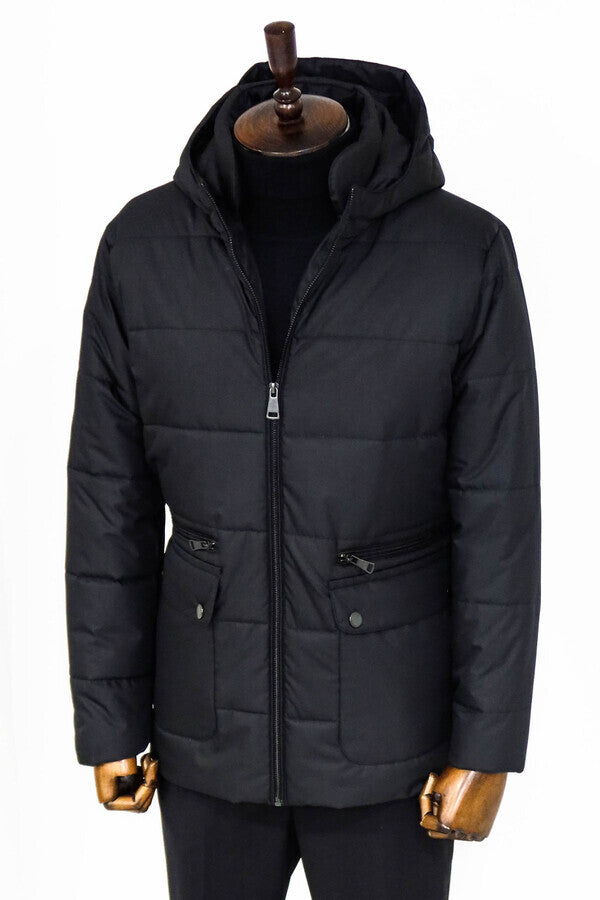 Slim Fit Hooded Black Men Coat - Wessi