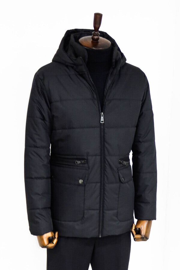 Slim Fit Hooded Black Men Coat - Wessi