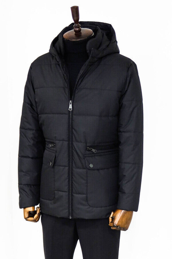 Slim Fit Hooded Black Men Coat - Wessi